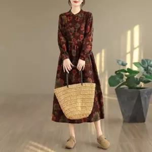 세군다 여자 플라워 원피스 하객 가을 빈티지 프린트 스트링 면마 슬림핏 브이넥 긴팔 A라인 롱스커트 DOS3