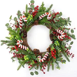 레드 홀리 베리 솔잎 솔방울 캔디 캔을 사용한 현관문 20인치 인조 크리스마스 화환용 MG 매직가든 화환