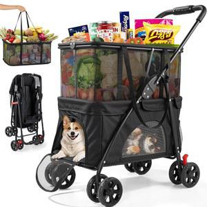 Keoslpy 업그레이드된 접이식 쇼핑 카트 및 반려동물 유모차 99파운드 탈착식 바구니 식료품 세탁 캠핑 여행용 하부 반려견 2 in 1 휴대용