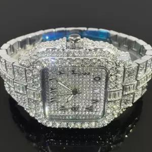 호환  MISSFOX 남성용 럭셔리 쿼츠 시계 자동 날짜 힙합 풀 아이스 다이아몬드 시계 방수 사각 손목시계 20