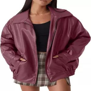FSVABY 여성 오버사이즈 인조 가죽 오토바이 재킷 지퍼 아웃웨어 코트 주머니 포함