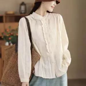 마킷4 여자 가을 루즈핏 자수 긴팔 상의 입체 차이나 셔츠 코튼 JEN3