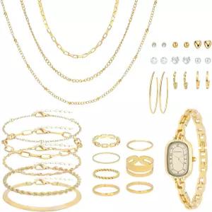 NEWITIN 61피스 여성 패션 의상용 골드 주얼리 세트 도금 목걸이 팔찌 시계 링 귀걸이 여성용