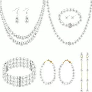 보누시 8피스 여성용 진주 라인스톤 주얼리 세트 결혼식 생일 신부 티 파티용 목걸이 팔찌 귀걸이