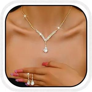 유니크라 브라이덜 웨딩 주얼리 세트 실버 라인스톤 목걸이 귀걸이 여성 및 신부를 위한 공식 코스튬