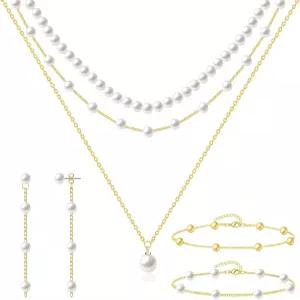 결혼식 신부 생일 티 파티를 위한 목걸이 팔찌 반지 귀걸이가 포함된 여성용 WINSENET 진주 주얼리 세트