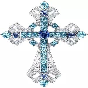 여성용 Axmerdal 크로스 브로치와 핀 스파클링 아쿠아마린 클리어 크리스탈 라인스톤 홀리 크리스천 종교