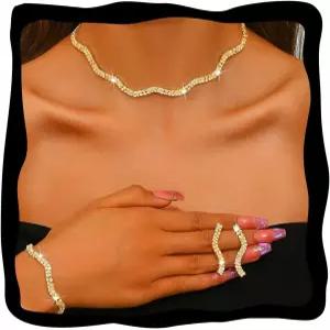 Aukmla 라인스톤 브라이덜 웨딩 주얼리 세트 초커 목걸이 귀걸이 팔찌 여성 및 신부를 위한 프롬