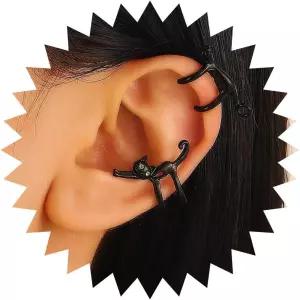 제심 블랙 캣 이어 클립 귀걸이 귀여운 고양이 커프 크리스탈 동물 연골 랩 피어싱 크롤러 클라이머 여성