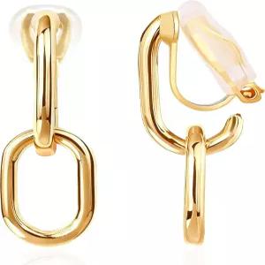 여성용 귀걸이에 FAN LUIS 24K 골드 도금 클립 금 체인 링크 드롭 댕글 더블 후프 저자극 트렌디 경량