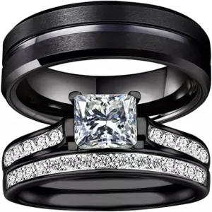 커플 링 세트 2in1 블랙 브라이덜 매트 그루브 그와 그녀의 결혼 반지 연인 기념 약혼 약속