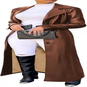 우코코 여성 인조 가죽 롱 트렌치코트 라펠 칼라 버튼 다운 맥시 오버코트 더스터 재킷 가을과 겨울용