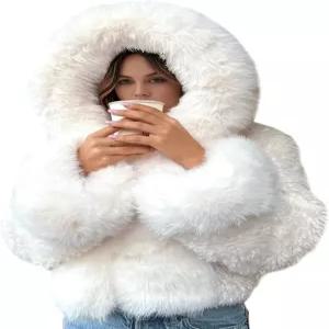 와이시트 여성용 인조 모피 코트와 후드 겨울 웜 크롭 후디 재킷 긴 소매 두꺼운 포켓이 있는 짧은 아우터