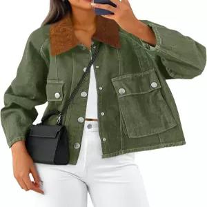 시시벨 여성 크롭 데님 재킷 트렌디 코듀로이 칼라 버튼 다운 캐주얼 반 여성용