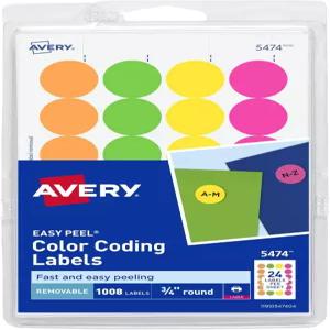 에이버리 리무버블 프린트 또는 라이트 도트 스티커 3/4인치 다양한 색상 원형 1008개 팩 5474