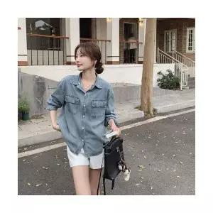미에스틸로 여성 무지데님 셔츠 블라우스 후드 데님 루즈핏 캐주얼 상의 ADOR1