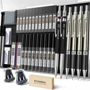 케이스 37 카운트 드로잉 연필 0.3 0.5 0.7 0.9MM 및 2PCS 2MM 스케치 492PCS 리드 리필6B 4B 2B HB 2H 4H