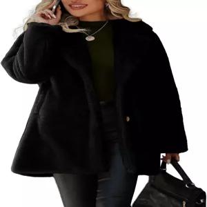 Vipwest 여성용 인조 모피 롱 코트 버튼 다운 라펠 플리스 셰르파 재킷