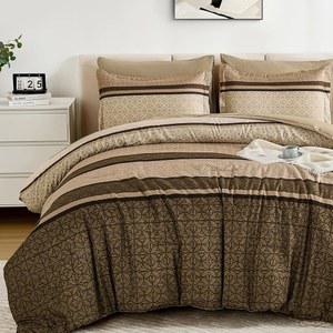 WONGS 침구 7종 이불 세트 퀸 사이즈, 가방 속 브라운 스트라이프 침대 및 시트 세트, 미니멀리스트 기하학적 소프트 경량 마이크로파이버 (90