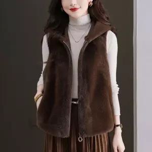 여성 트렌디 아이템 가디건 후드 밍크털 조끼 아우터 추동 퍼 일체형 집업 HT4