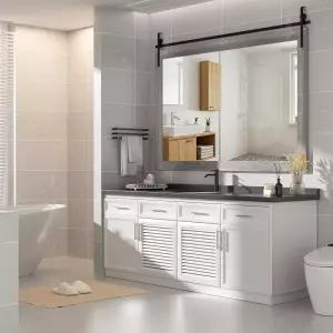 하시푸 농가 욕실 거울 55인치 x 36인치 소박한 나무 프레임 벽걸이 회색 빈티지 베니티 헛간 문 스타일