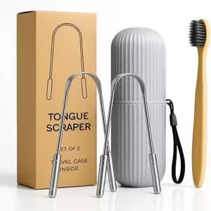 혀 스크레이퍼 세트 - 대나무 칫솔과 칫솔 및 여행 케이스가 포함된 클리너 키트 남녀용 일일 구강 위생