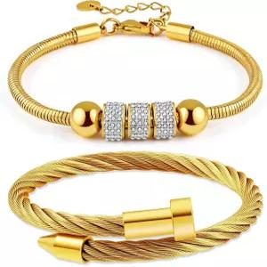 여성용 LCTrusttmor Gahna 18K 골드 도금 네일 팔찌 및 체인 세트 조절 가능한 스태커블 뱅글 주얼리