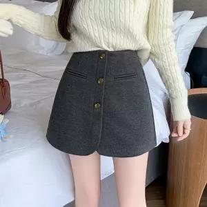 치마 팬츠 스커트 여성 모직 겨울 트렌디 아이템 버클 반 골덴 A자 와이드 HT4