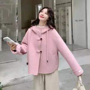 여성패션 야구 점퍼 핑크 후드 울 양면 코트 겨 쇼트 모직 DL4