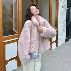 여성용 분홍 동계 트렌디 아이템 코트 모피 뽀글이 귀여운 램스울 숏 HT4