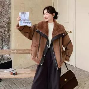 여성용 추동 빈티지 트렌디 아이템 코트 모피 메일라드 퍼 일체형 램스울 쇼트 보온 도톰 HT4