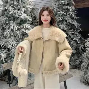 여사친 겨울 모피 트렌디 퍼 상의 아이템 터틀넥 램스울 코트 빅 일체형 기모 HT4