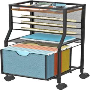 BOHDK 롤링 파일 카트 잠금 휠의 6단 데스크 정리함 브라운 우드 판자 및 메쉬 슬라이딩 행잉 폴더 서랍