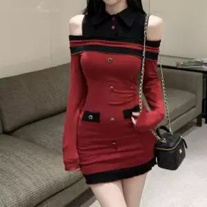 [신상오픈런]턱시도 어깨컷아웃 딥레드 슬림핏 미니원피스 (29965513)