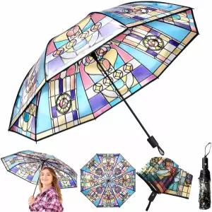 SMORBRID 스테인드글라스 자동 우산 투명 빈티지 파라솔 비를 대비한 여성용 접이식