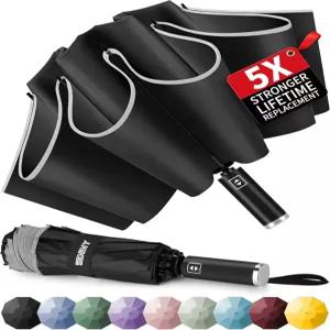 세니니 반전 여행용 우산 비를 위한 자동 반사 스트라이프가 있는 방풍 컴팩트 접이식 UV 선 배낭용 휴대용