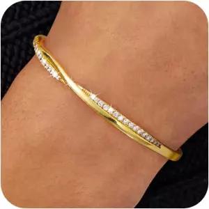 여성용 피쿠지 14K 골드 도금 커프 팔찌 트렌디 실버 뱅글 다인티 큐빅 지르코니아 조절 가능한 웨이브