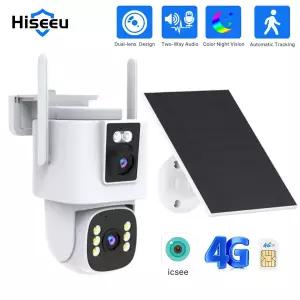 Hiseeu 4MP 듀얼 렌즈 4G 카메라 태양광 PIR 인체 감지 야간 투시 방수 보안 IP CCTV 실외 카메라 ICSE 앱