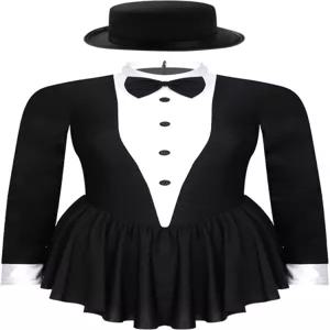 FEESHOW 여성 턱시도 바디수트 레오타드 피겨 스케이팅 드레스 긴팔 모던 발레 댄스웨어 모자 착용