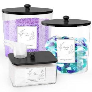 COAZEX 3팩 세탁 파우더 용기 및 건조 시트 홀더 뚜껑이 있는 플라스틱 세탁실 정리 보관 세제 향 부스터 블랙 뚜껑 용 라벨 스쿱