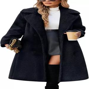 우이쿠에 여성 플리스 롱 재킷 오버사이즈 더블 브레스트 플러피 코트 겨울 라펠 인조 모피 따뜻한