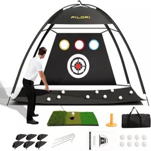 FILORI 골프 연습용 10x7FT 헤비 듀티 타격망 트라이 터프 매트 공 8개 티 캐리백 치핑 스윙 운전을 위한