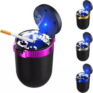 뚜껑이 있는 FSTURIOS 자동차 재떨이 분리 가능한 무연 컵 홀더 LED 블루 라이트 스테인리스 스틸 홈