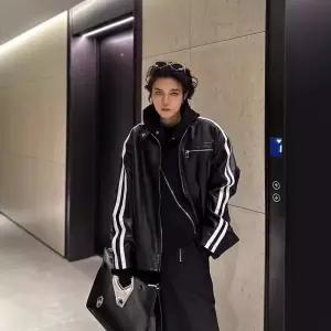 여성패션 가죽 자켓 시크 캐주얼 재킷 브라운 추동 두 줄 스틱 하이넥 pu 코트 DL4