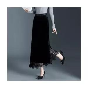 여성 H라인 스커트 벨벳 레이스 일자 A라인 롱 하이웨스트 슬림핏 블랙 가을 랩 DUCHI3