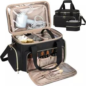 GDNasist 대형 메이크업 가방 탈부착 가능한 파우치 2개와 분리 칸막이가 있는 여성용 휴대용 여행용