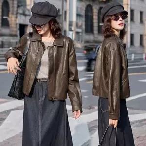 봄가을 재킷 숄 여자가죽자켓 칼라 가죽 상의 숏 코트 PU가죽 ible3