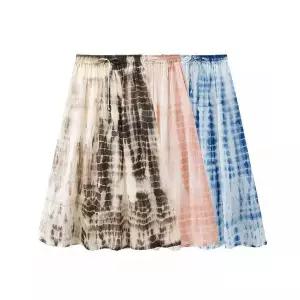 여자 A라인 봄스커트 모시 스커트 봄 빈티지 날염 밴딩 허리 스트링 ible1