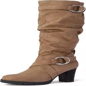 마이소프트 여성용 무릎 하이 부츠 패션 청키 블록 힐 따뜻한 겨울 사이드 지퍼 포함