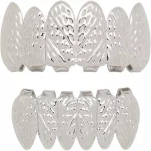 블링 팩토리 14k 화이트 골드 도금 사선 텍스처 탈착식 상하 치아 그릴즈 세트